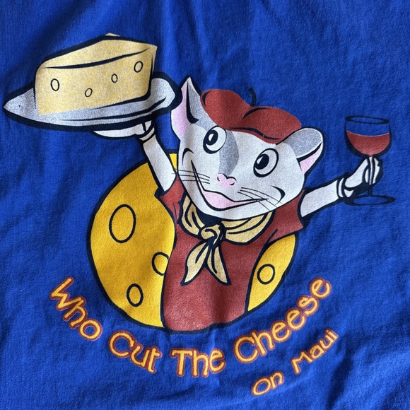 Vintage Anvil 90's Who Cut The Cheese On Maui Hawaii T-Shirt Men's XL Blue - Picture 8 of 8